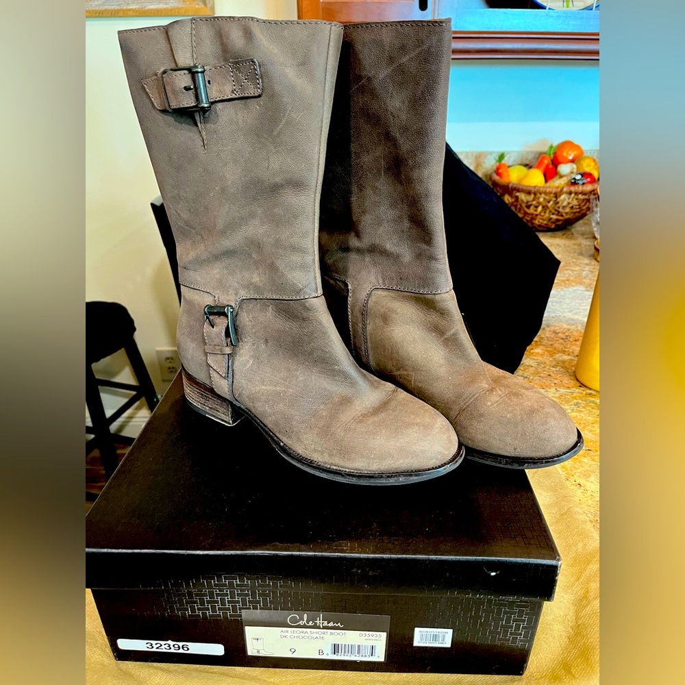 Cole Haan Air Leora Mid Calf Boot Women 9 Tan Brown Leather Buckle Moto Pull-on